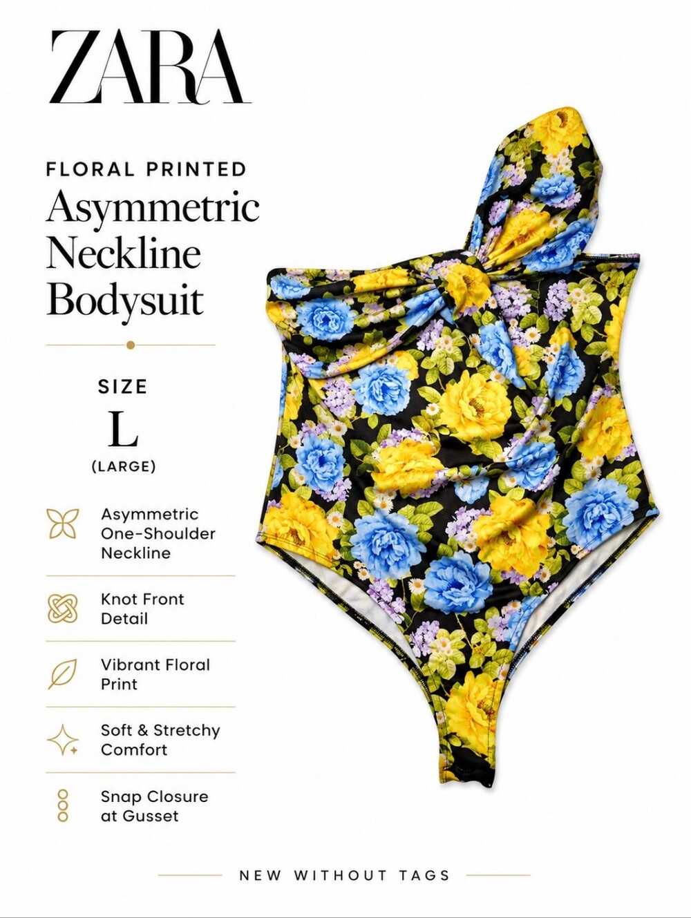 Zara Floral Printed Asymmetric Neckline Bodysuit – Size Large
